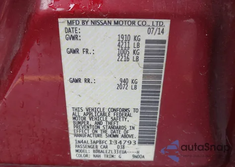 2015 Nissan Altima 2.5 S from USA, damaged, VIN 1N4AL3AP8FC134793